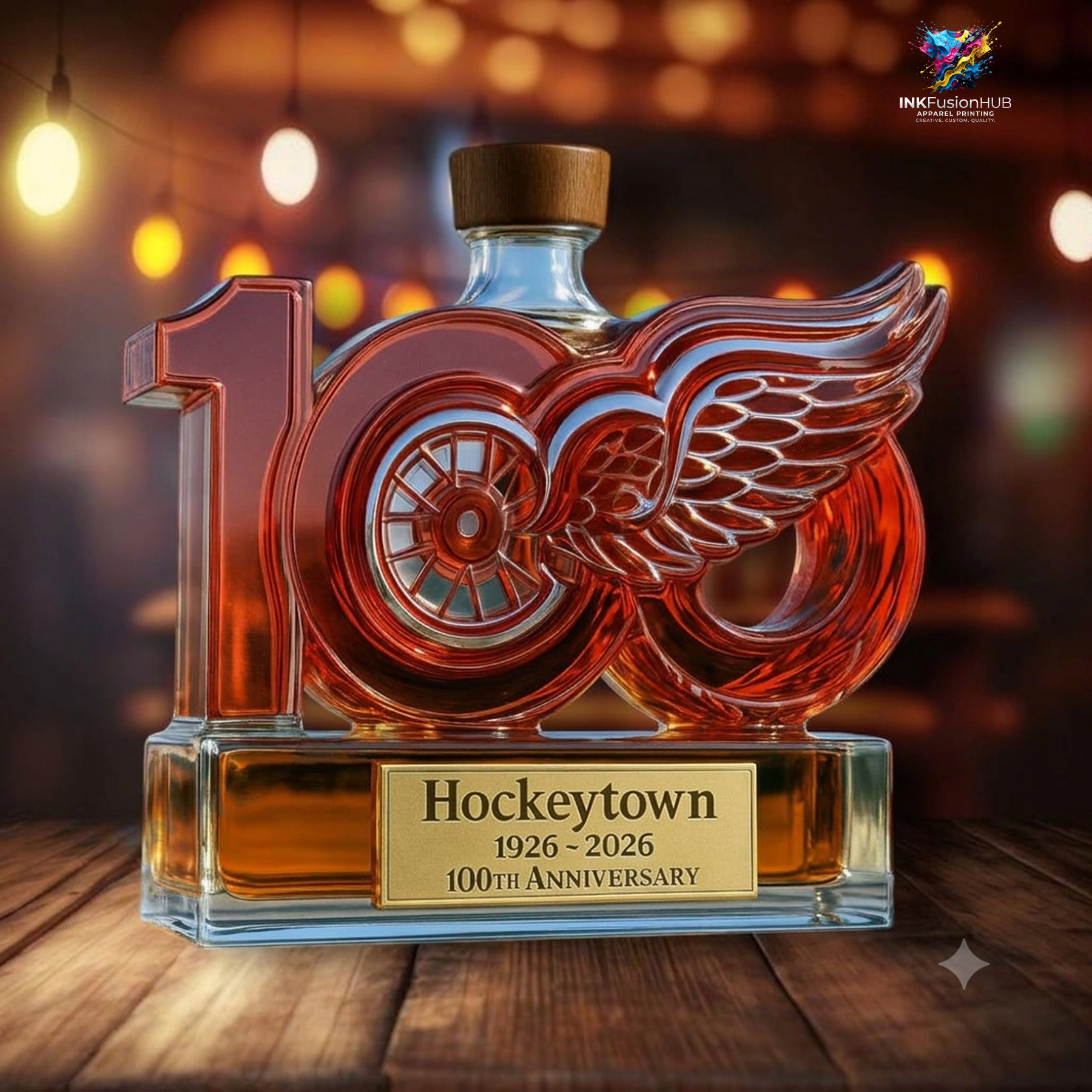 Detroit Red Wings Hockeytown 1926-2026 100th Anniversary Custom Whiskey Bottle Detroit Red Wings Hockeytown 1926-2026 100th Anniversary Custom Whiskey Bottle