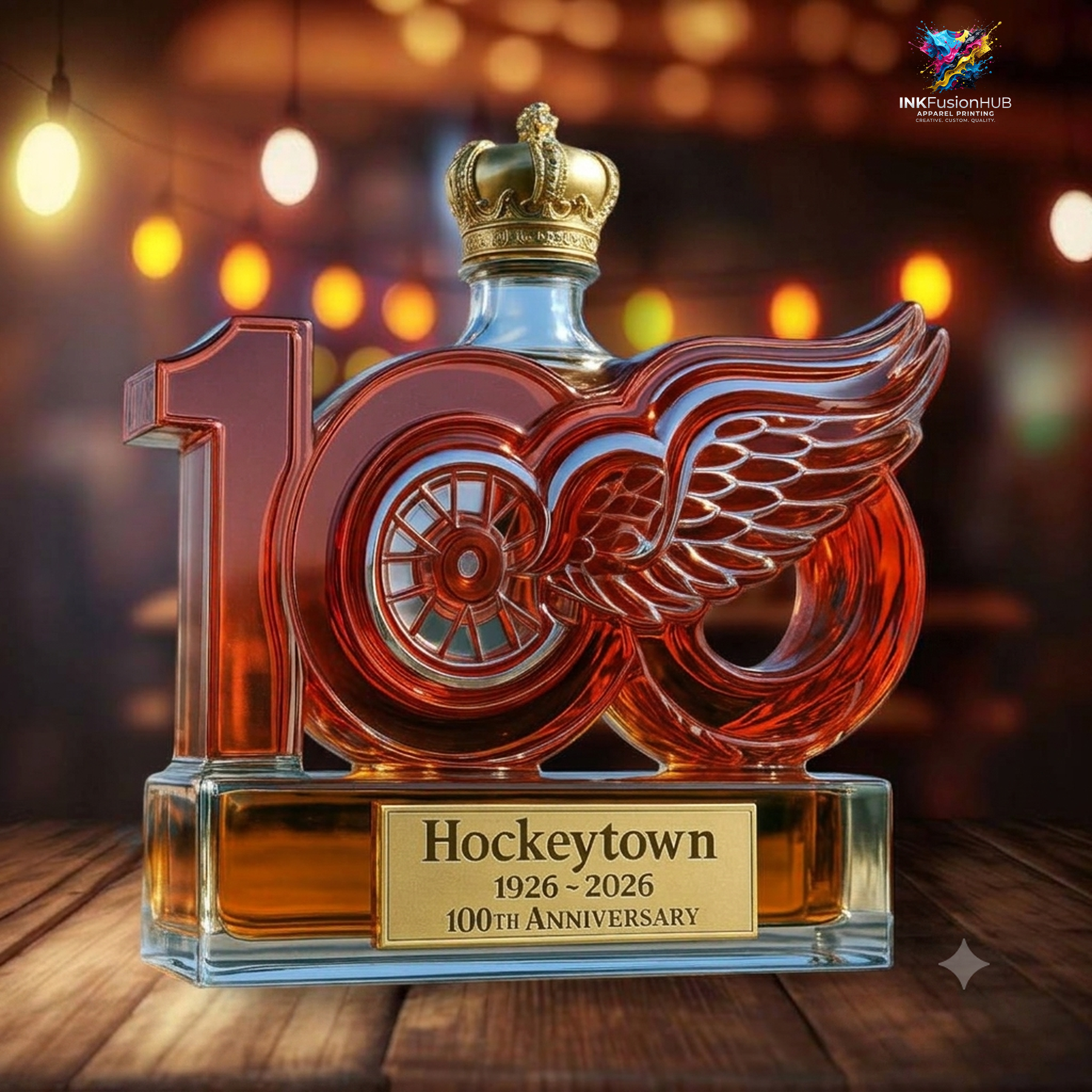 Detroit Red Wings Hockeytown 1926-2026 100th Anniversary Custom Whiskey Bottle Detroit Red Wings Hockeytown 1926-2026 100th Anniversary Custom Whiskey Bottle