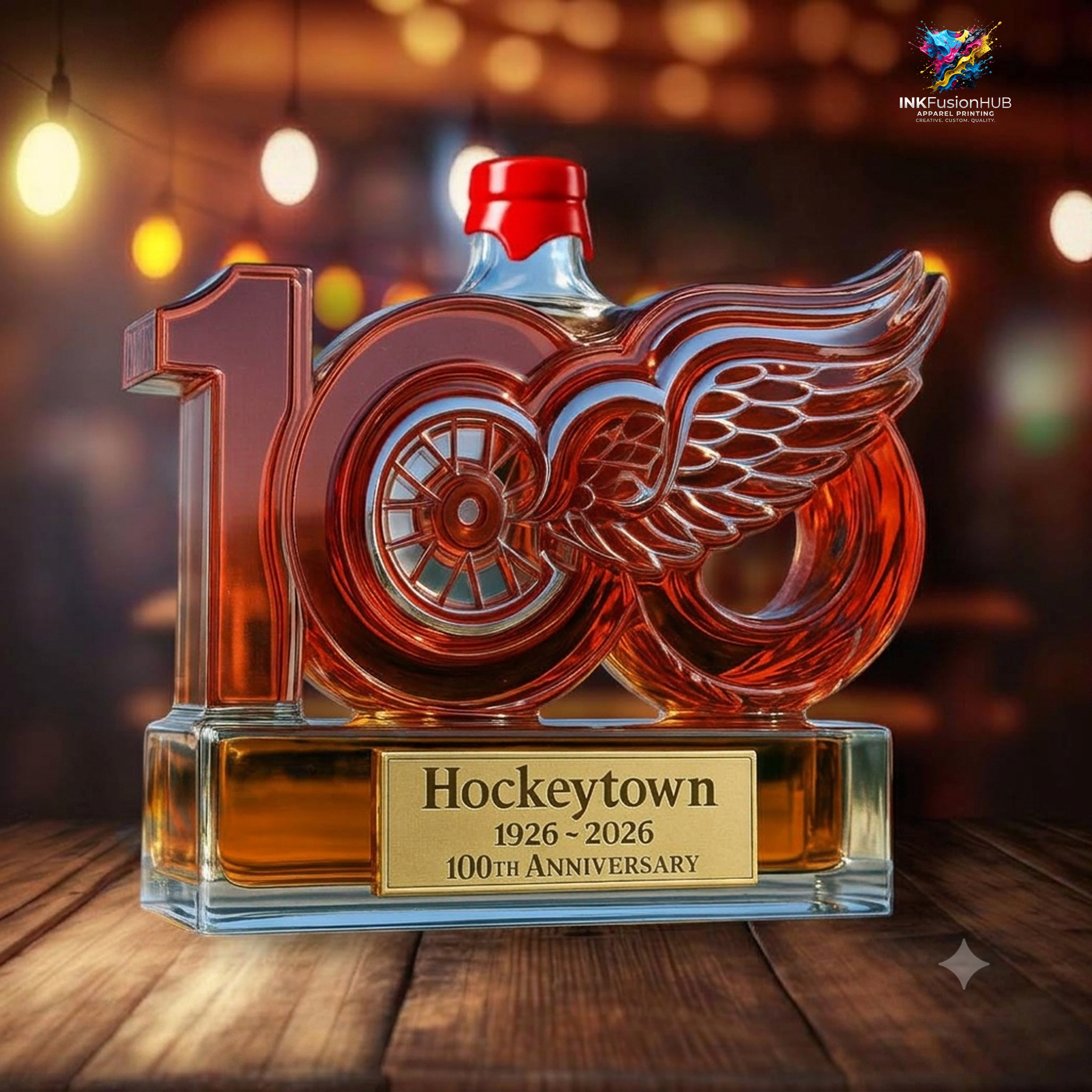 Detroit Red Wings Hockeytown 1926-2026 100th Anniversary Custom Whiskey Bottle Detroit Red Wings Hockeytown 1926-2026 100th Anniversary Custom Whiskey Bottle