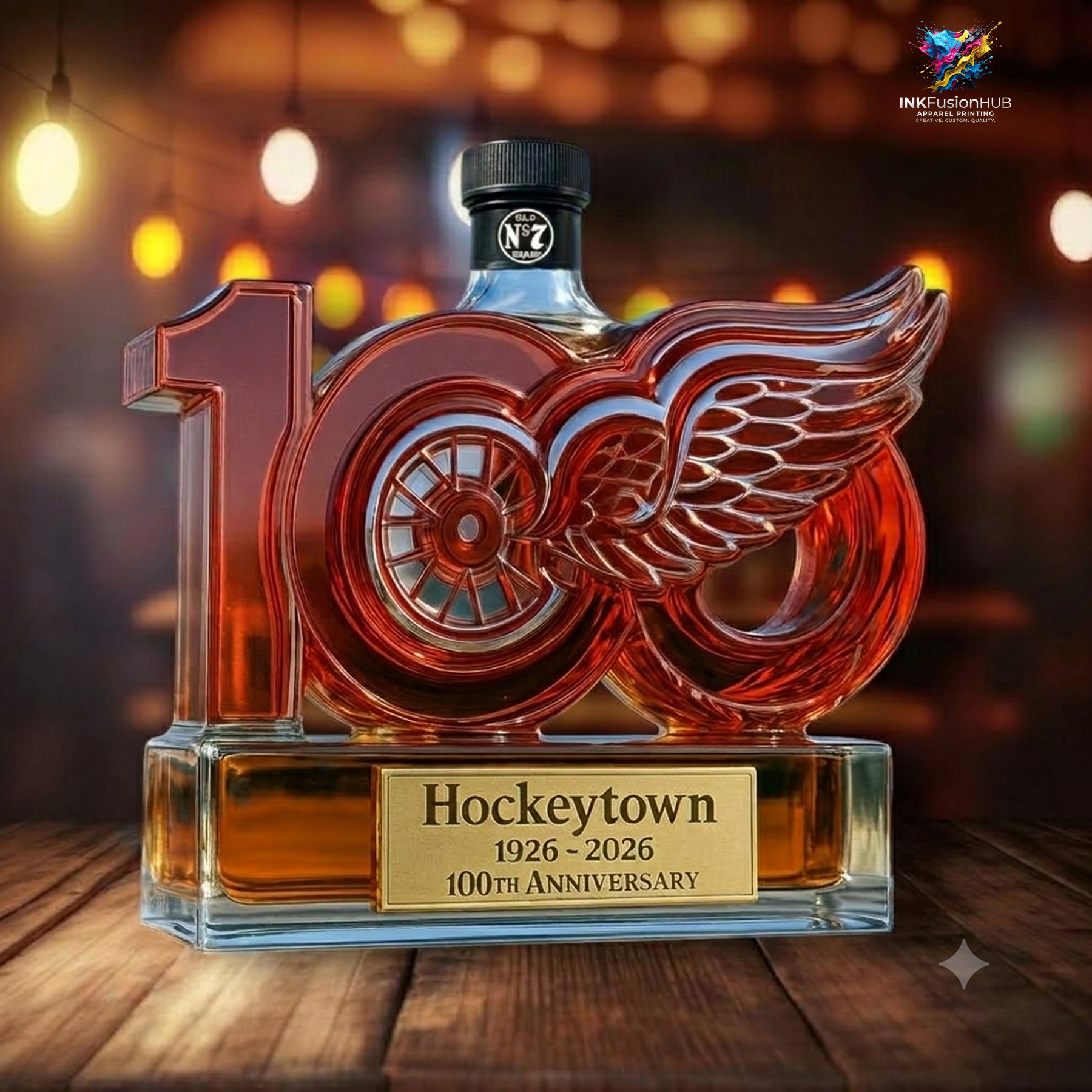 Detroit Red Wings Hockeytown 1926-2026 100th Anniversary Custom Whiskey Bottle Detroit Red Wings Hockeytown 1926-2026 100th Anniversary Custom Whiskey Bottle