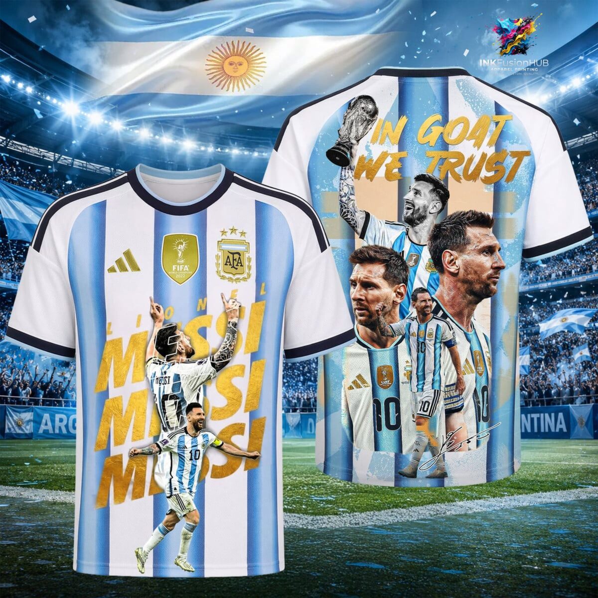 Lionel Messi In Goat We Trust Argentina World Cup 26 Champions TShirt