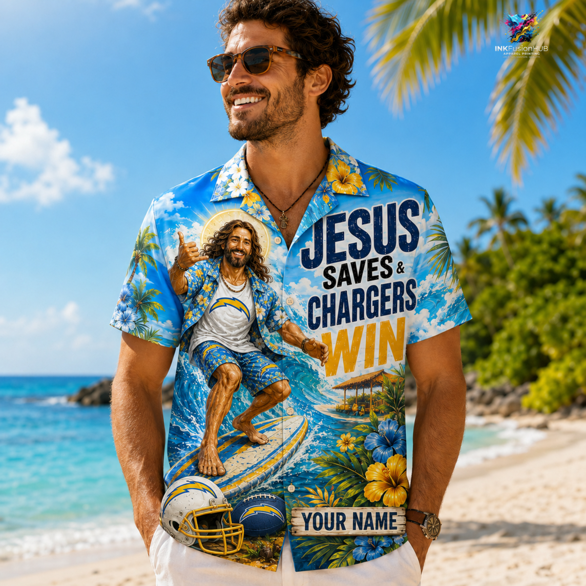 Los Angeles Chargers NFL Funny Jesus Surfing Hawaiian Shirt