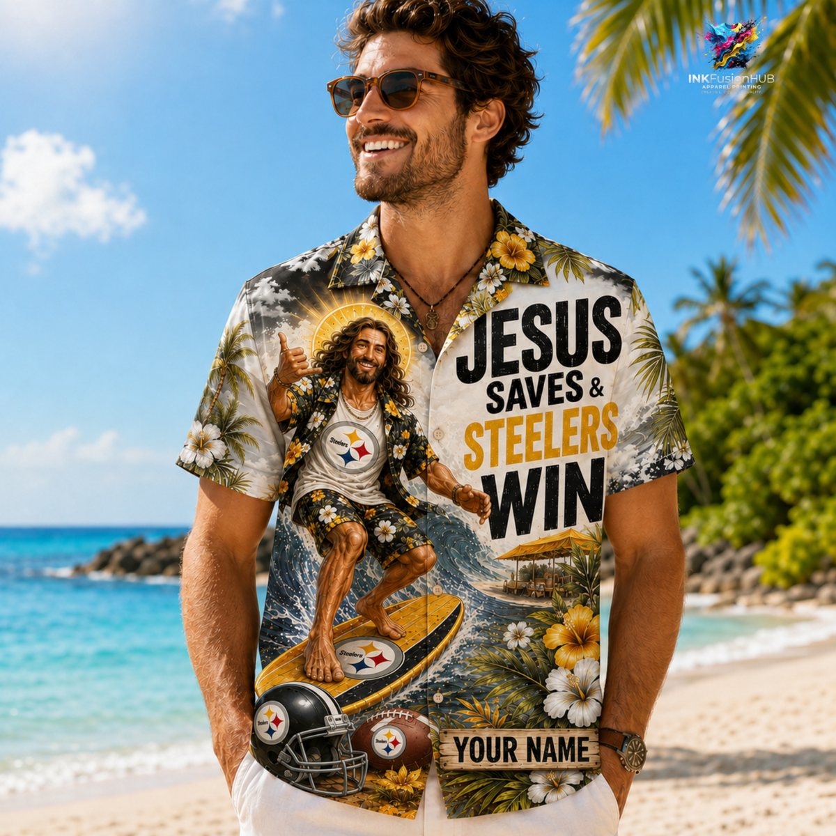 Pittsburgh Steelers NFL Funny Jesus Surfing Hawaiian Shirt