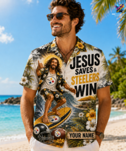 Pittsburgh Steelers NFL Funny Jesus Surfing Hawaiian Shirt
