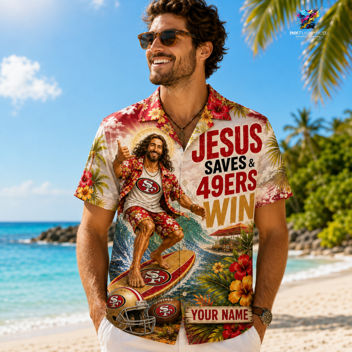 San Francisco 49ers NFL Funny Jesus Surfing Hawaiian Shirt