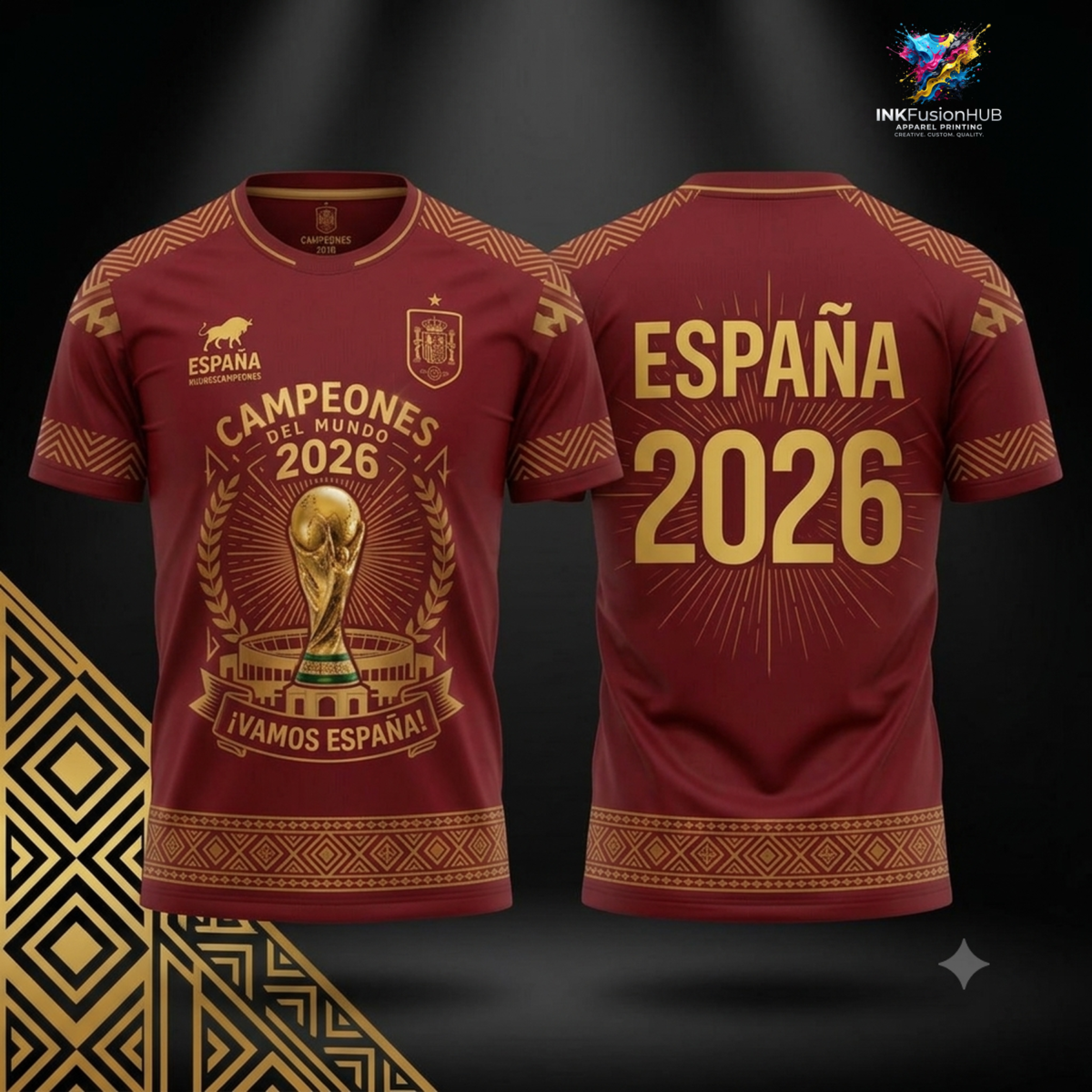 Spain 2026 Football Champions T-Shirt – Maroon & Gold World Cup Winners Commemorative Tee