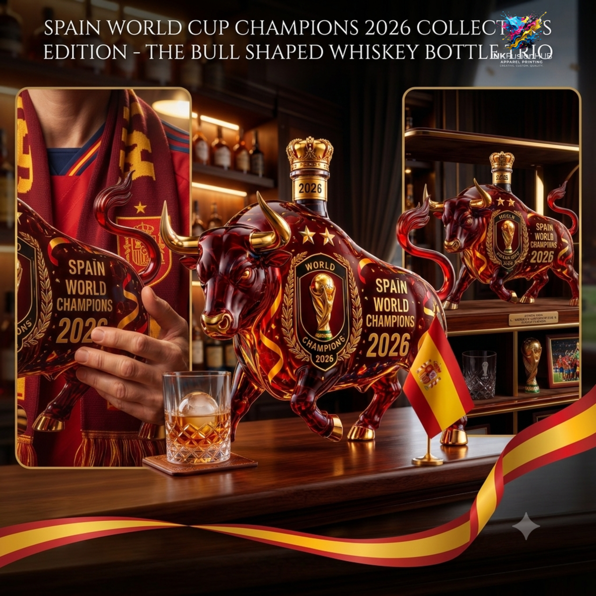 Spain World Cup Champions 2026 Bull Shaped Whiskey Bottle