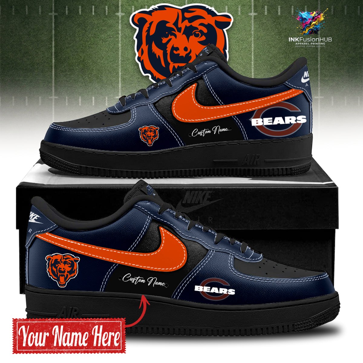 Chicago Bears BOLD BLACK and NAVY Customized AF1 Sneakers