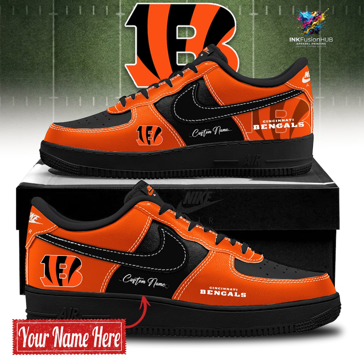 Cincinnati Bengals BOLD BLACK and ORANGE Customized AF1 Sneakers