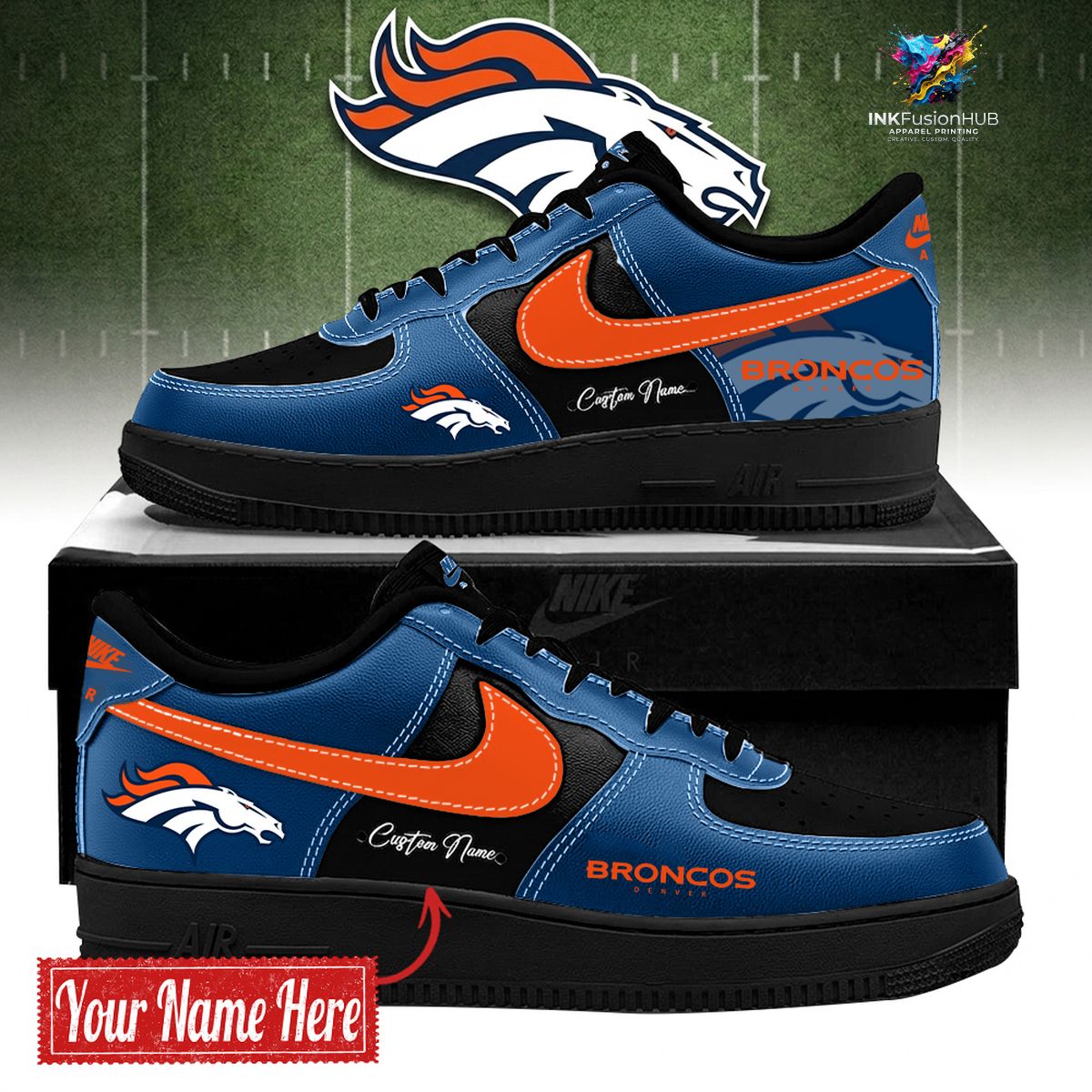 Denver Broncos BOLD BLACK AND NAVY Customized AF1 Sneakers