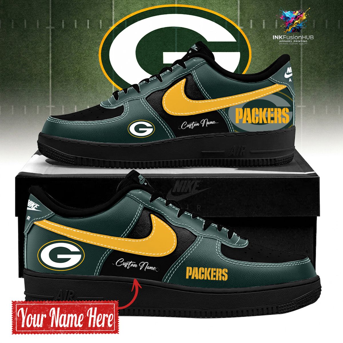 Green Bay Packers BOLD BLACK and GREEN Customized AF1 Sneakers