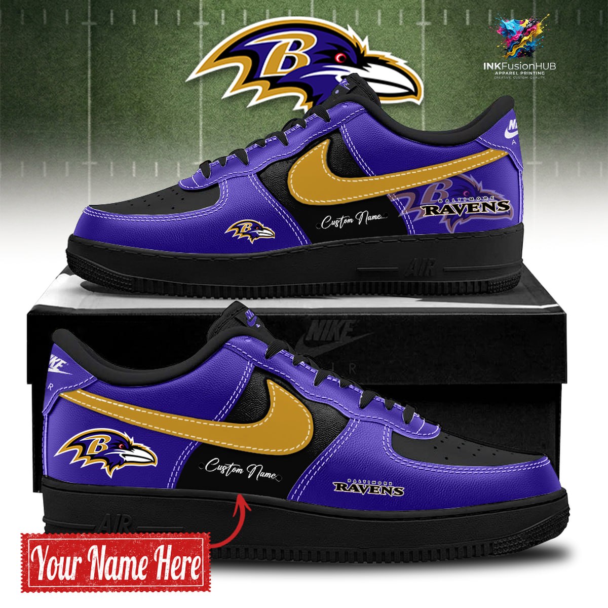 Baltimore Ravens BOLD BLACK and PURPLE Customized AF1 Sneakers